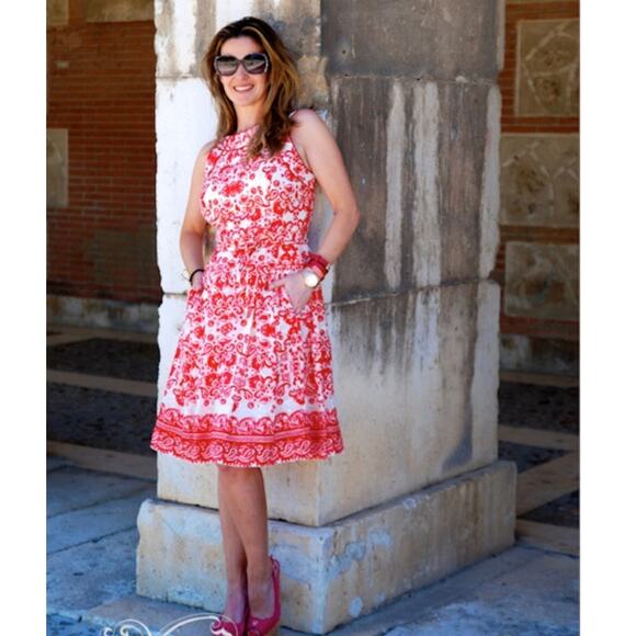 Carolina Herrera Red Floral Coastal Preppy Fit And Flare Cotton Dress 8 - Picture 1 of 15
